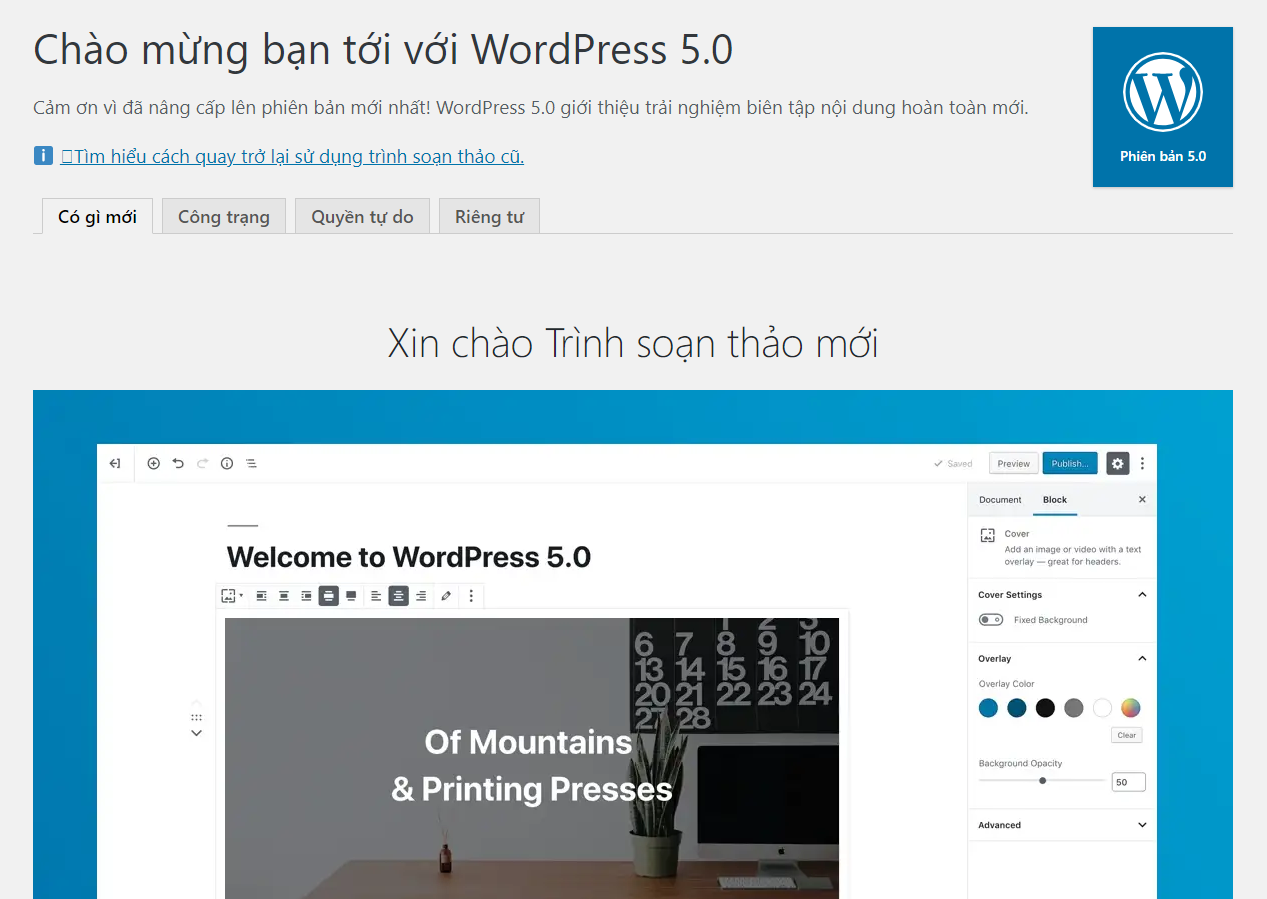 Giao diện chào mừng nâng cấp lên bản WordPress 5.0