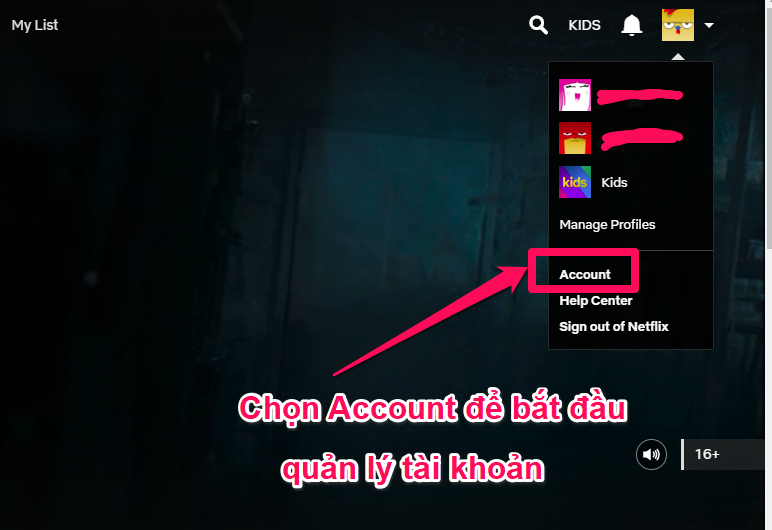 Chọn Account để bắt đầu quản lý tài khoản